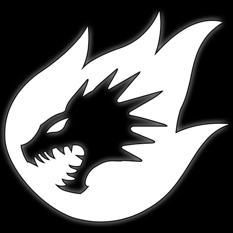Snarling drake head with flame crest in white on black, tile for drake warrior 16mm sci-fi dice