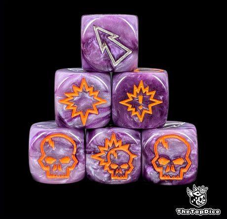 Close up of three purple 16mm block dice with silver pips for resolving blocks