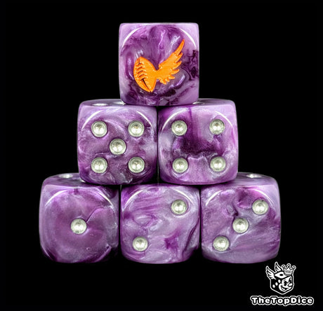 Close up of two purple D6 with an orange winged ball logo on the six face for fantasy football