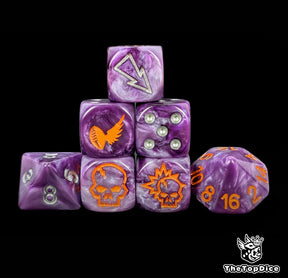 Purple elven alliance fantasy football dice set of seven 16mm resin dice compatible with Blood Bowl