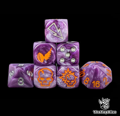 Purple elven alliance fantasy football dice set of seven 16mm resin dice compatible with Blood Bowl