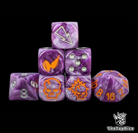 Purple elven alliance fantasy football dice set of seven 16mm resin dice compatible with Blood Bowl