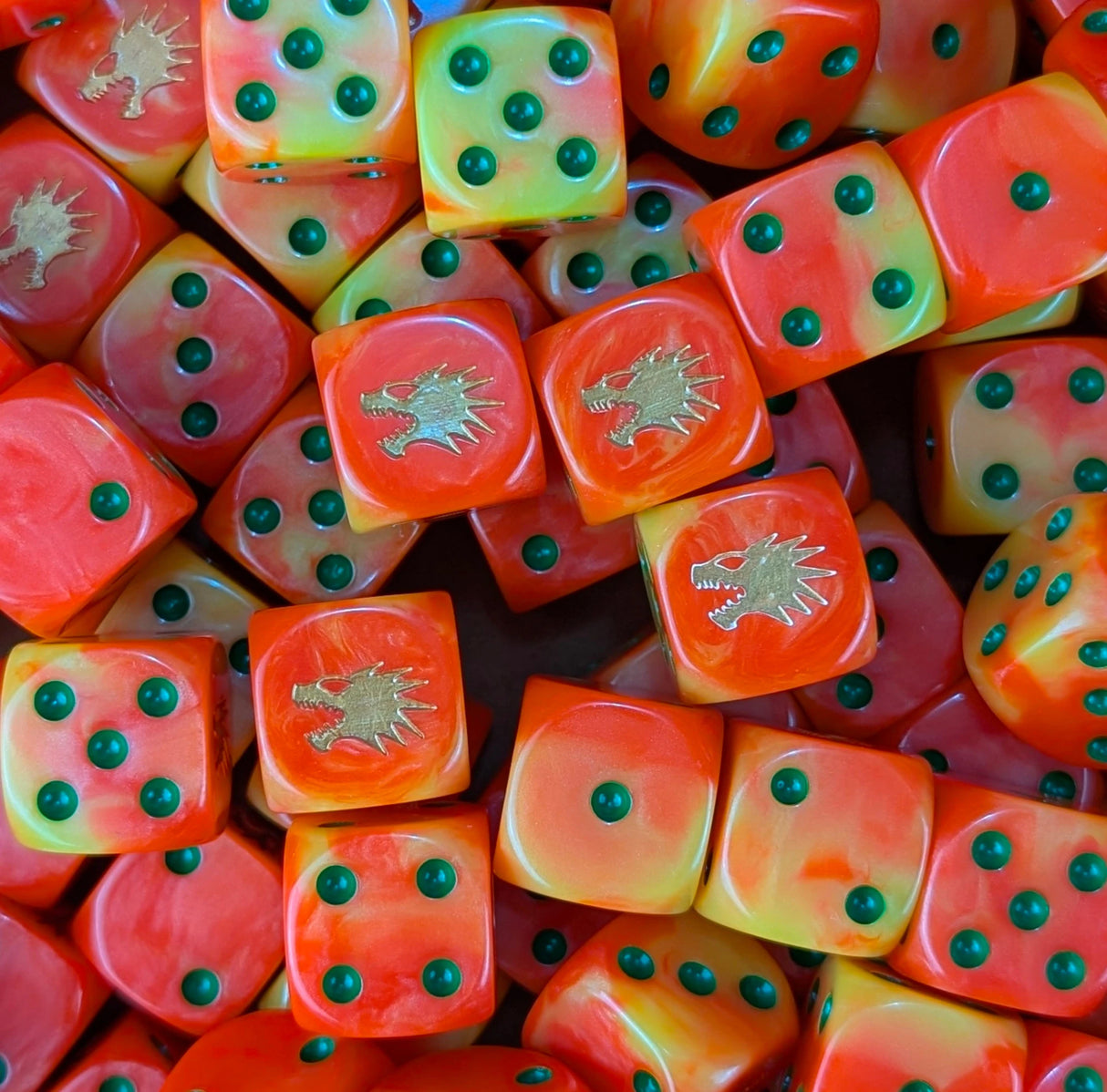 Pile of fire orange drake knight 16mm D6 dice for a sci-fi army