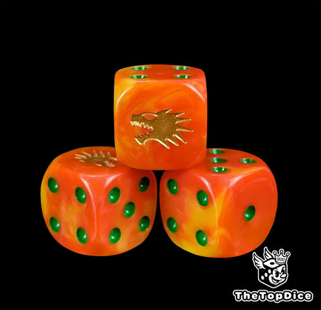 Close up of a fire orange 16mm resin D6 die engraved with a gold drake head and green pips