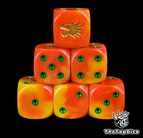 Fire orange 16mm D6 dice with a gold drake head emblem and green pips for sci-fi wargaming