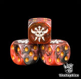 Three red and black 16mm D6, white chaos skull beside gold pips
