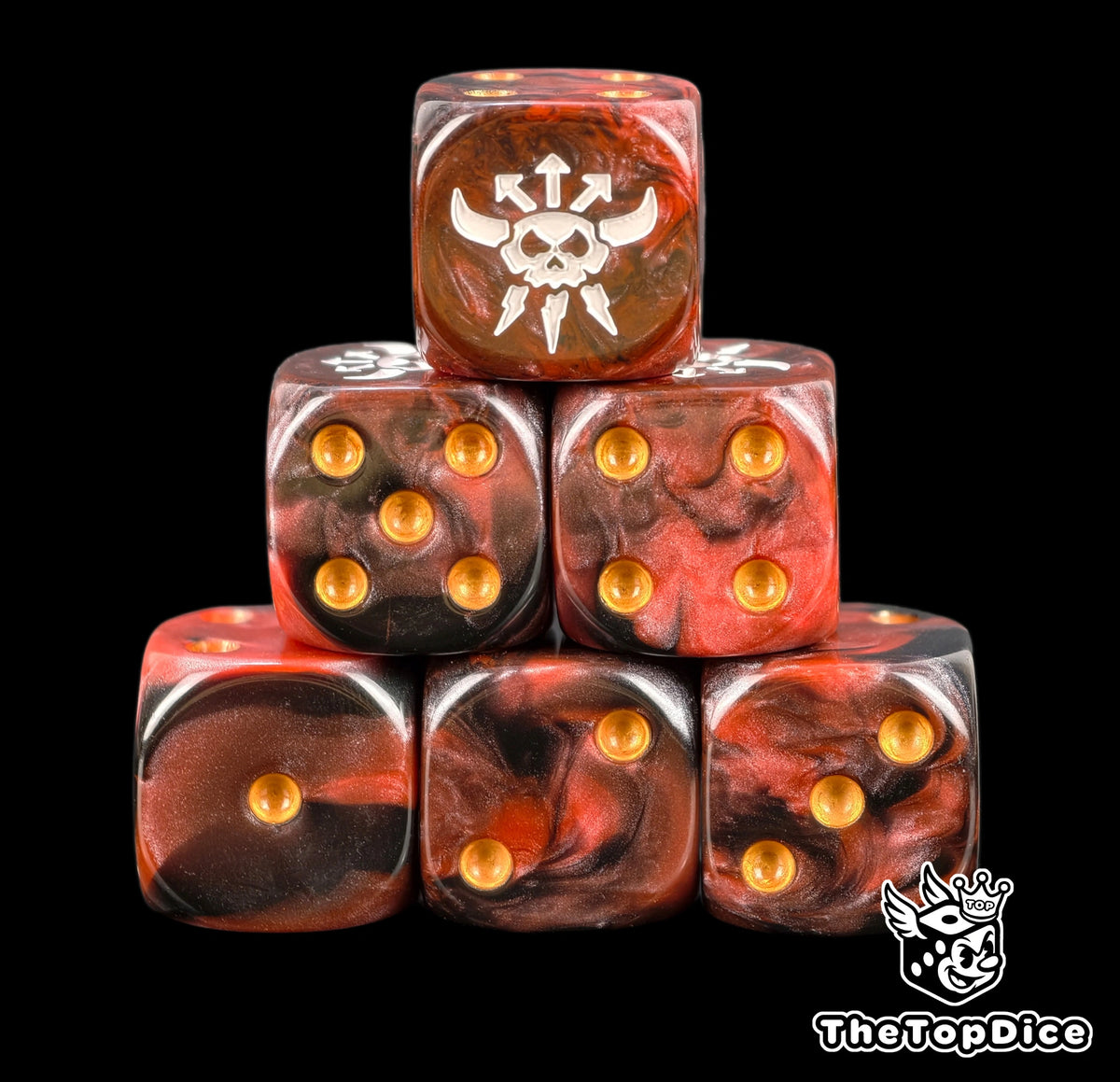 Six red and black chaos dwarf dice stacked, white chaos skull above gold pips