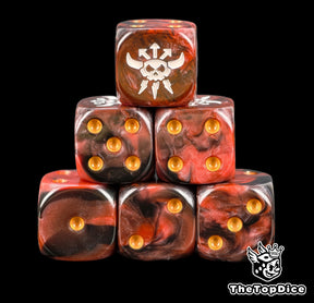 Six red and black chaos dwarf dice stacked, white chaos skull above gold pips