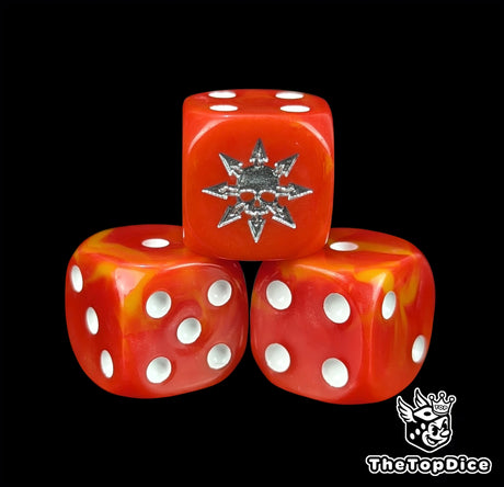 Close-up of a red-orange D6 die with a silver dark-star and skull