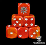Red and orange resin D6 dice with a silver dark-star and skull and white pips