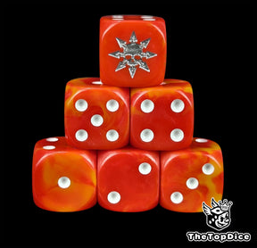Red and orange resin D6 dice with a silver dark-star and skull and white pips