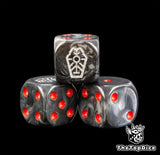 Close up of three orange Necron dice, black grey marbled resin with a silver dynasty glyph and orange pips