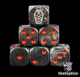 Necron Warriors dice, six black and grey 16mm D6 stacked with a silver glyph and orange pips