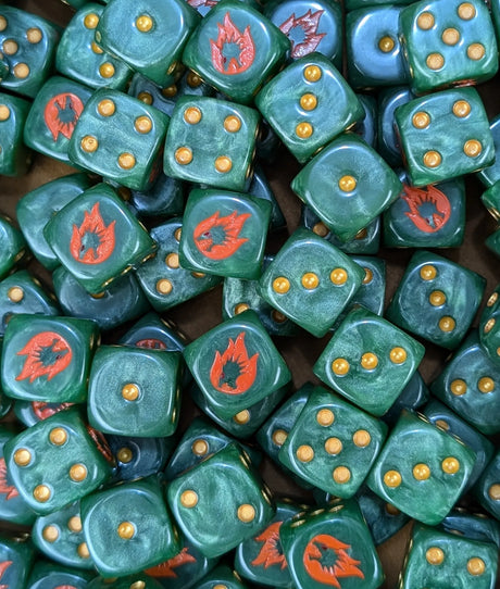 Pile of green drake 16mm D6 dice for a sci-fi drake legion