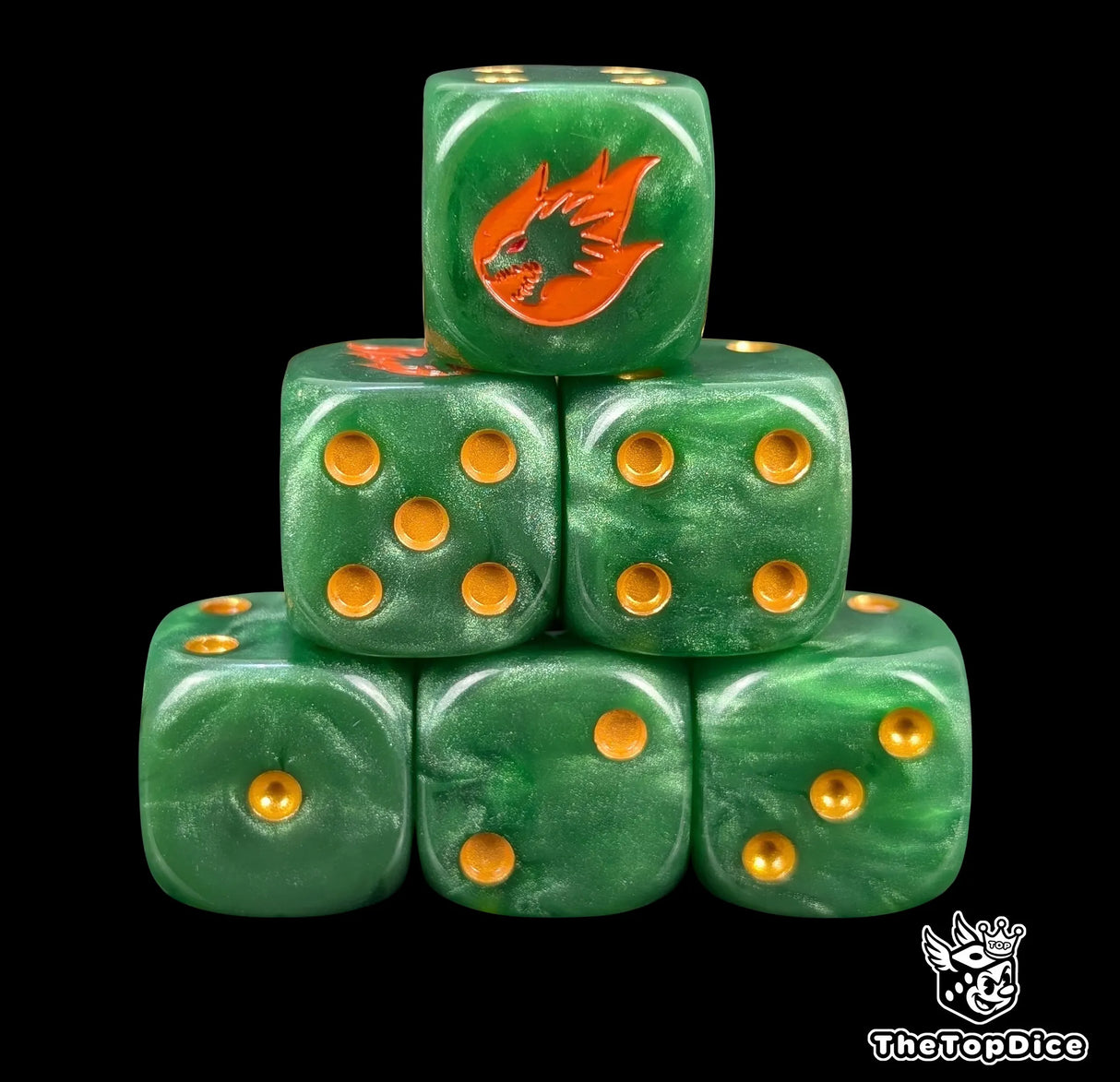 Green 16mm D6 dice with a gold drake head and fire emblem and gold pips for sci-fi wargaming
