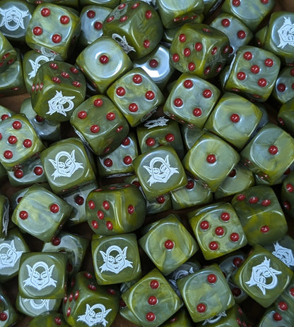 Pile of green goblin 16mm D6 dice for an RPG fantasy campaign