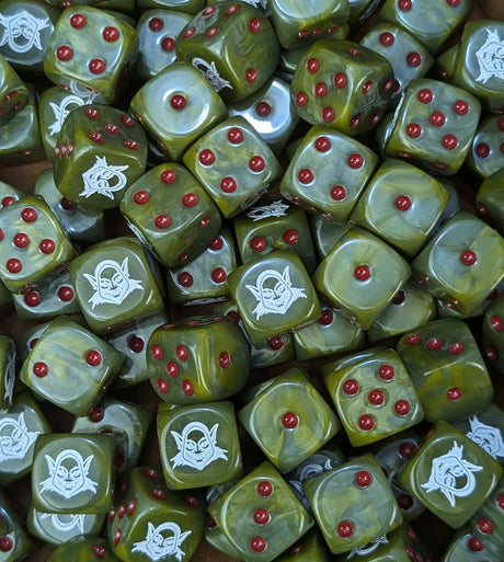 Pile of green goblin 16mm D6 dice for an RPG fantasy campaign