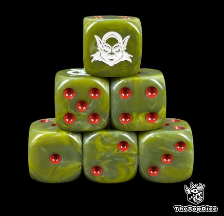 Green 16mm D6 dice with a white goblin silhouette emblem and red pips for tabletop RPG and D&D