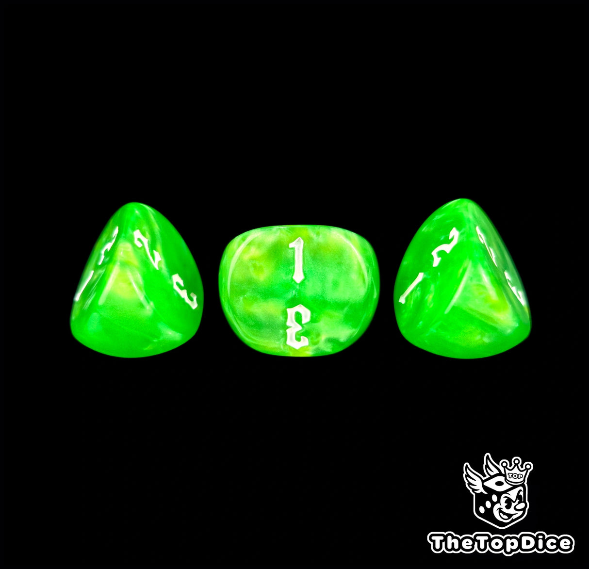 A closer look at three emerald 16mm D3 dice, digits filled by hand
