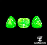 A closer look at three emerald 16mm D3 dice, digits filled by hand