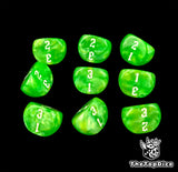 Deep emerald D3 dice arranged nine to a frame, numbered 1 to 3 in white
