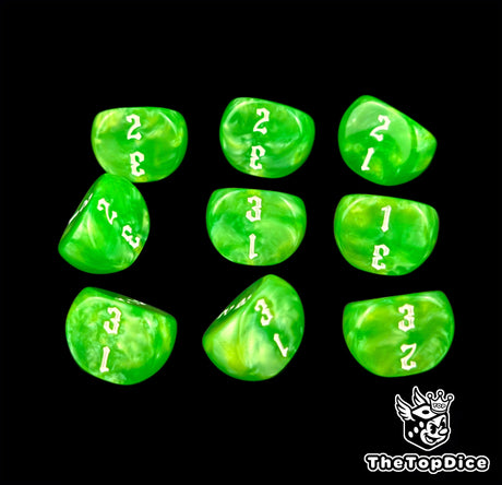 Deep emerald D3 dice arranged nine to a frame, numbered 1 to 3 in white