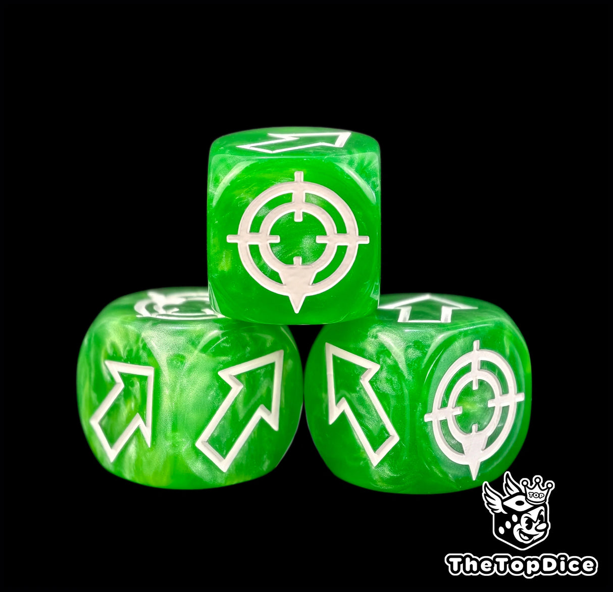 White fill standing out on three deep emerald 16mm dice, arrows cut clean