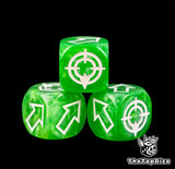 White fill standing out on three deep emerald 16mm dice, arrows cut clean