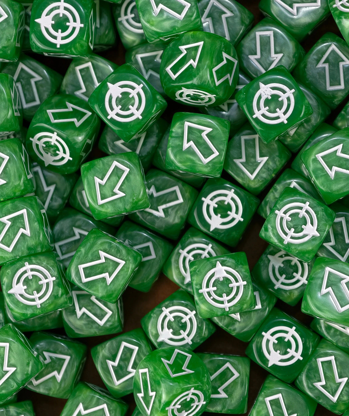 Emerald green scatter dice massed in a tray, ready for a greenskin gunline or an ork lobba