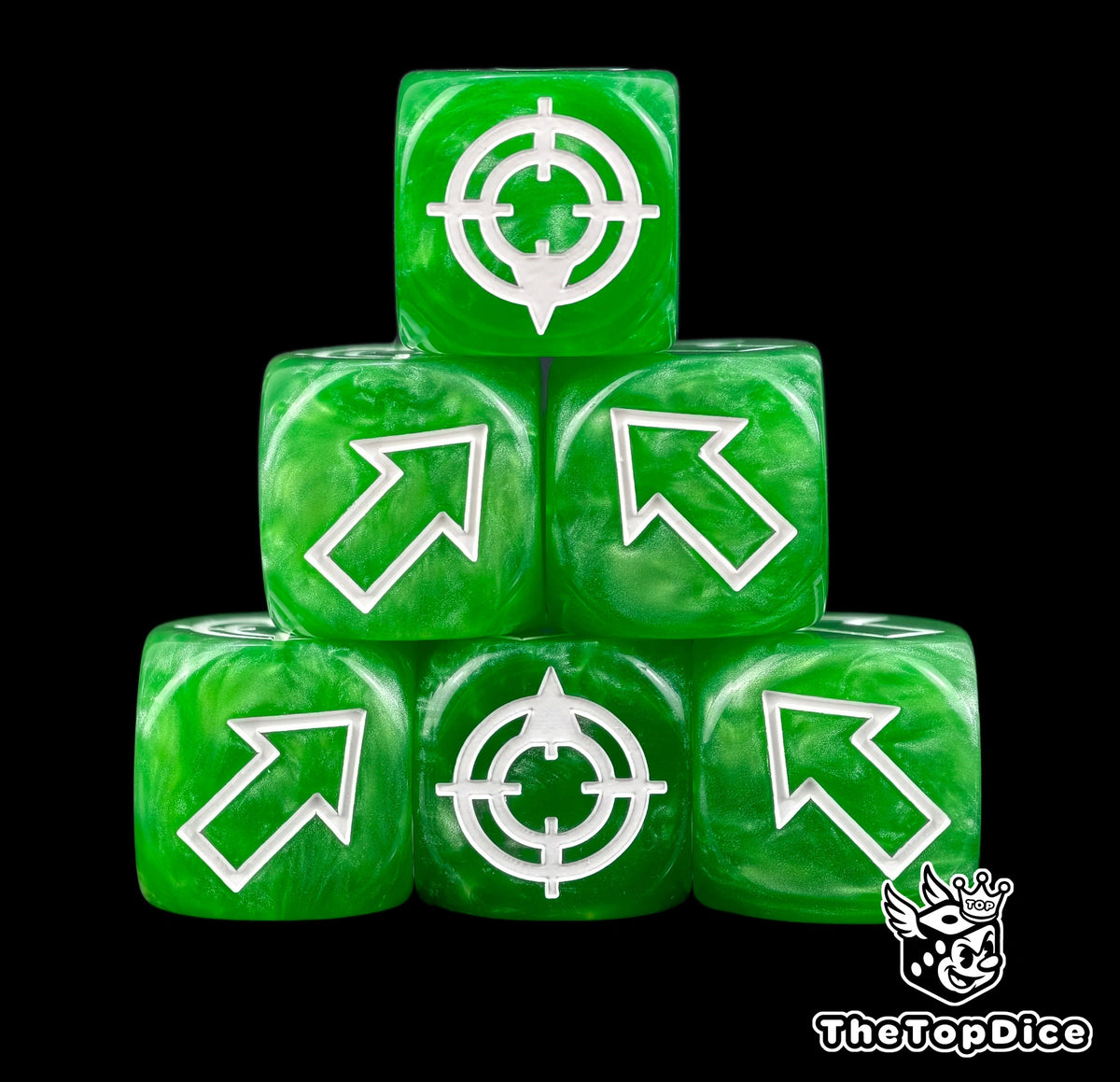 Deep emerald green scatter dice, six stacked, white arrows cut into every visible face