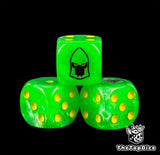 Three green Scorpion Aspect dice with a black red eyed helm
