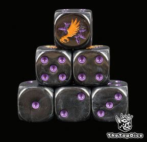 Black 16mm resin D6 dice with purple pips and a gold winged talon stacked in a pyramid