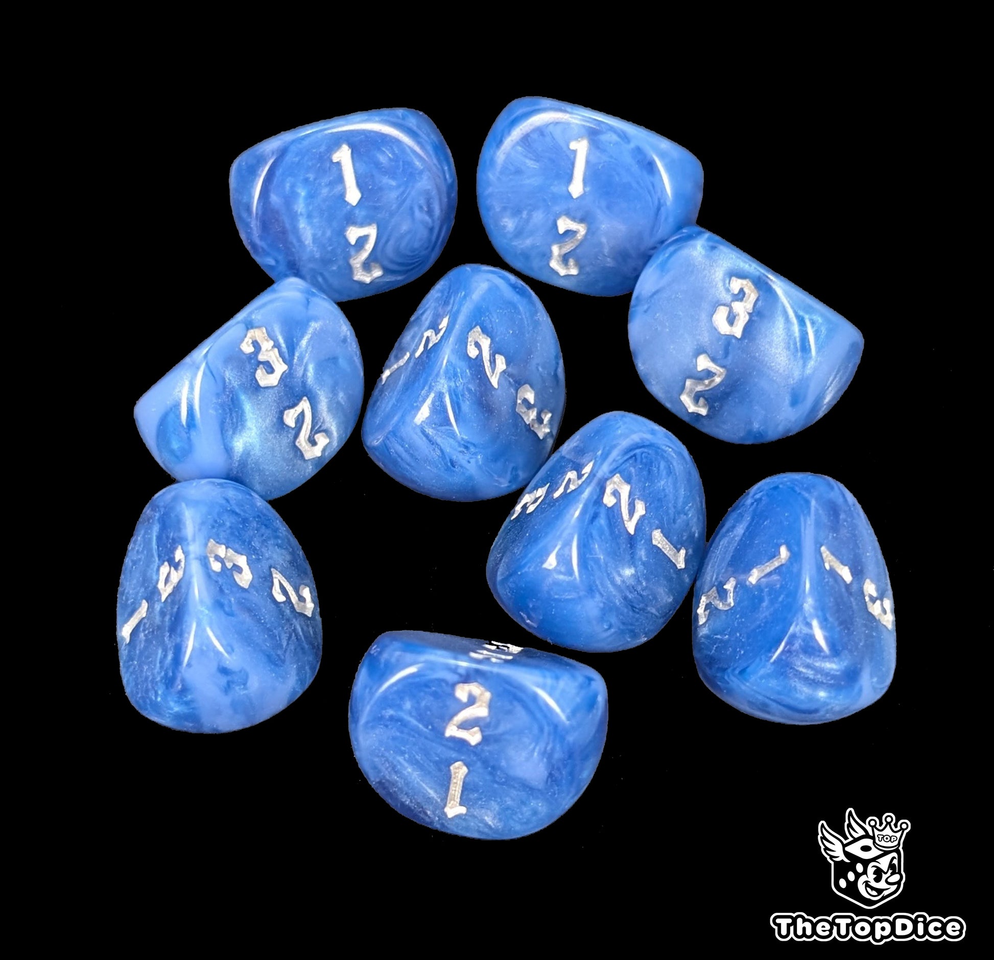 Handcrafted D3 wargame dice in metallic tones