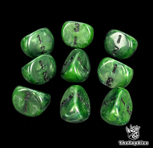 Handcrafted green and black D3 dice for tabletop play