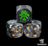 Close-up of three black and grey 16mm grimdark D6 dice engraved with a green tomb rune emblem