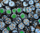Full tray of black and grey Eternal Tomb Dynasty D6 dice for tabletop wargaming and RPGs