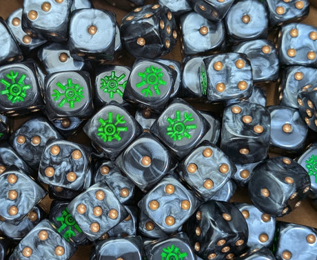 Full tray of black and grey Eternal Tomb Dynasty D6 dice for tabletop wargaming and RPGs