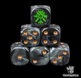 Black and grey 16mm resin D6 dice with green tomb rune emblem and bronze pips, hand painted for sci-fi robot armies and tabletop wargaming