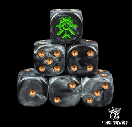 Black and grey 16mm resin D6 dice with green tomb rune emblem and bronze pips, hand painted for sci-fi robot armies and tabletop wargaming