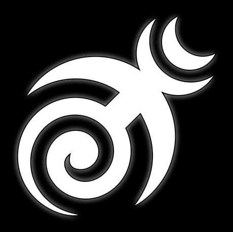 Curling spiral emblem with crescent and talon in white on black, excess cult 16mm fantasy dice tile