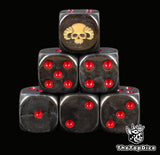 Black 16mm resin D6 dice with red pips and a bone horned skull stacked in a pyramid