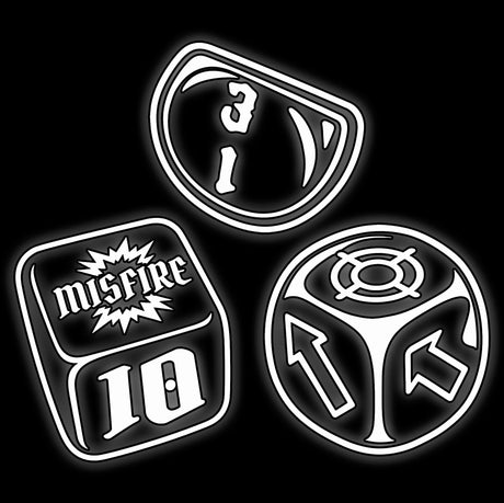 Three special dice: a D3 wedge, a MISFIRE artillery die and a 16mm scatter die with hit arrows