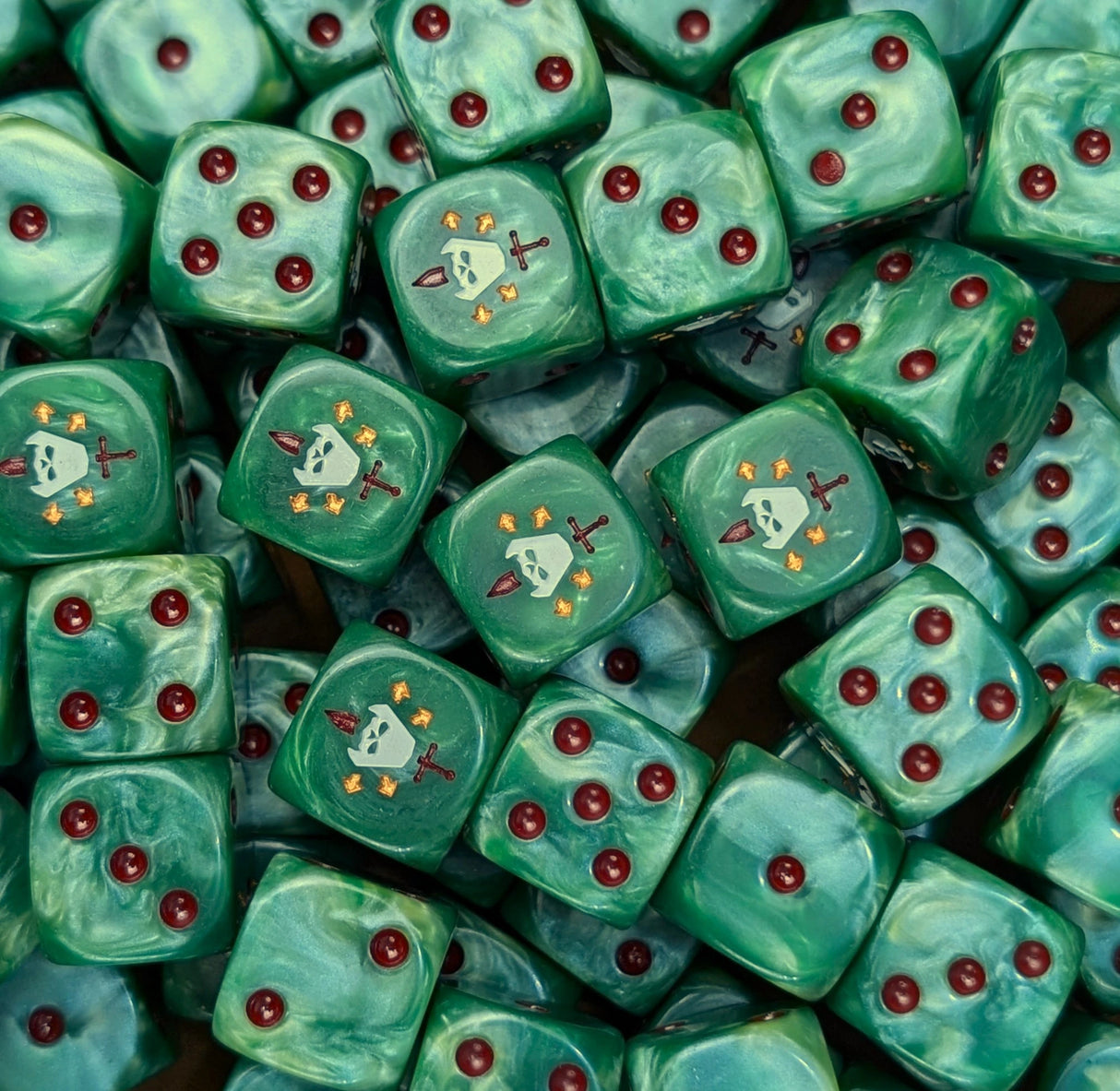 Pile of green fallen knight 16mm D6 dice for a sci-fi warband