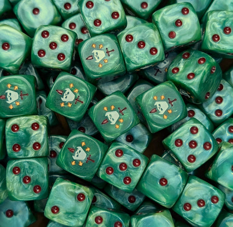 Pile of green fallen knight 16mm D6 dice for a sci-fi warband