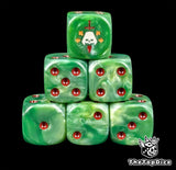Green 16mm D6 dice with a fallen knight emblem and red pips for sci-fi wargaming