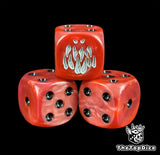 Close-up of a red fanged monster D6 die for fantasy armies