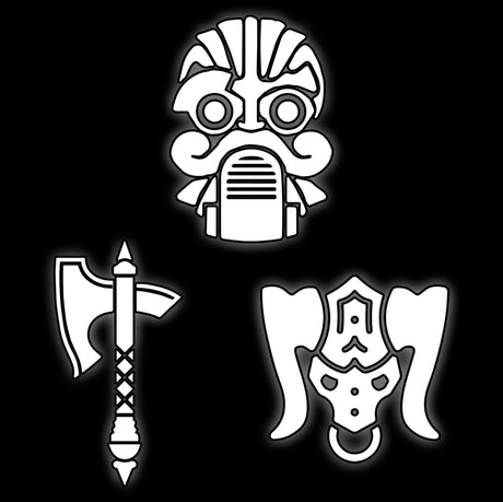Bearded dwarf mask, axe and rune shield in white on black, fantasy dwarf 16mm wargame dice tile