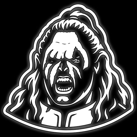 Roaring orc warrior head with war paint and fangs, line art badge for 16mm fantasy wargame dice