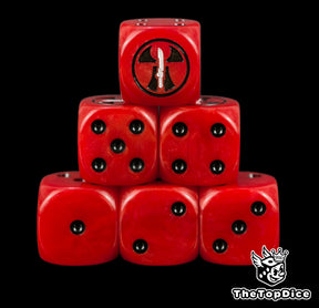 Farsight Enclaves Tau Empire dice, red 16mm resin D6 with black pips and a black tau emblem holding a white sword, stacked in a pyramid