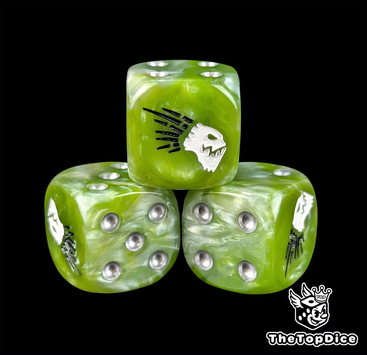 Close-up of a green D6 die with a white beaked alien face